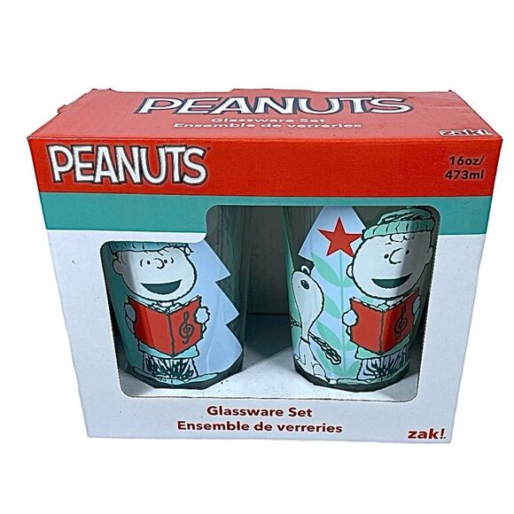 Zak! Peanuts 2 - 16oz Glassware Set Gift Christmas Caroling Snoopy Charlie Brown - Picture 1 of 4
